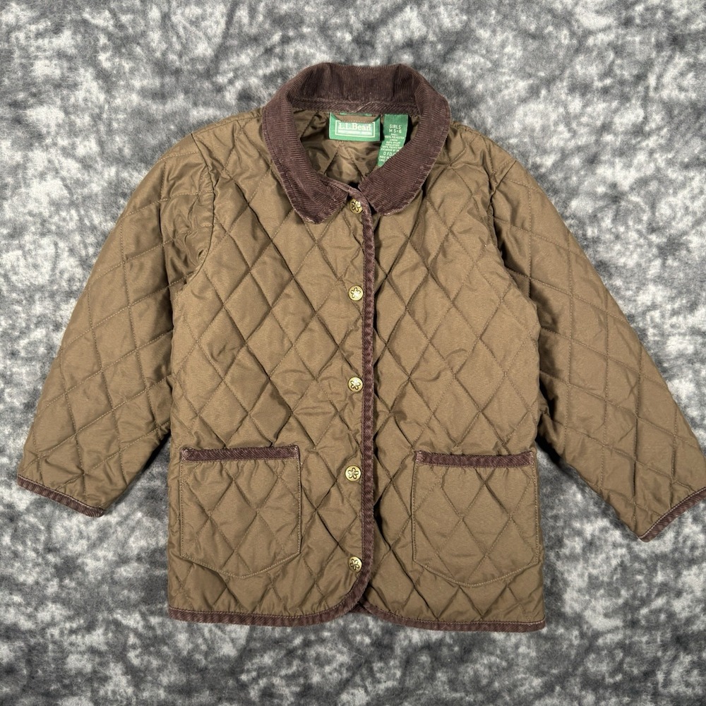 LL Bean Girls Quilted Riding Jacket M 5-6 Brown Corduroy Trim Equestrian 0FDJ2